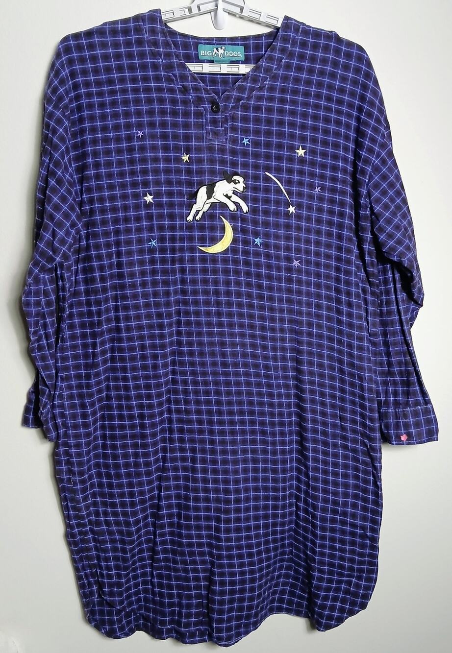 Vintage 90s Big Dogs Flannel Nightshirt L/XL Blue Plaid Moon Stars Sleep Shirt